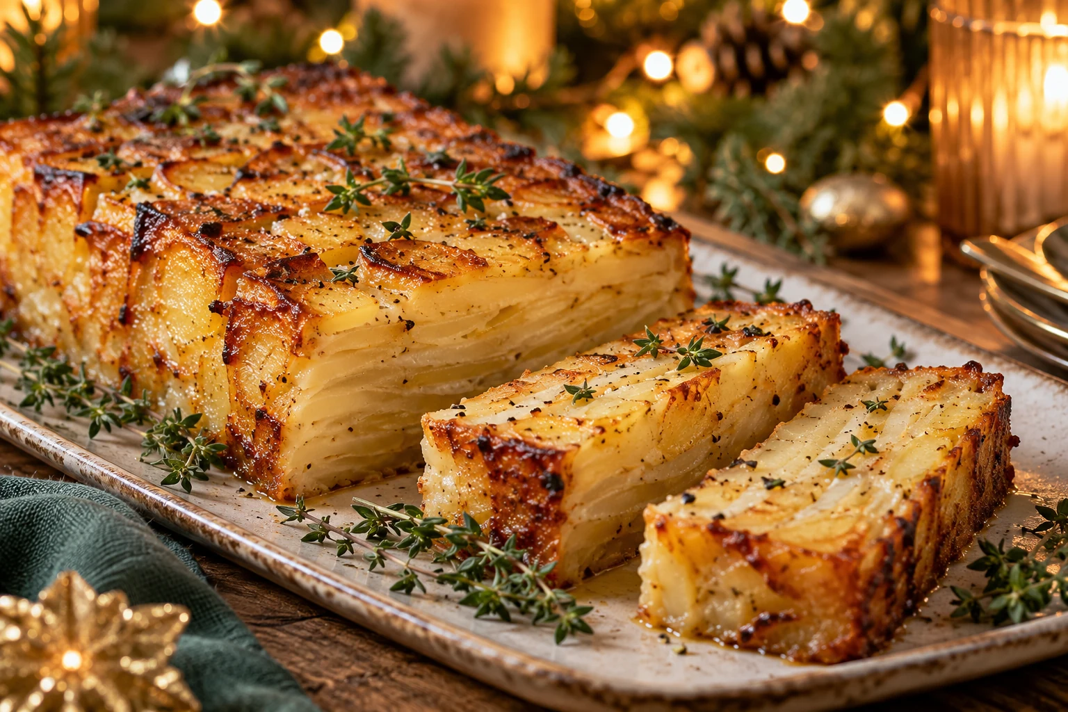 Aardappelterrine met tijm en knoflook, feestelijk geserveerd voor kerst