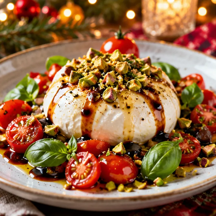 Burrata met pistache en balsamico feestelijk geserveerd