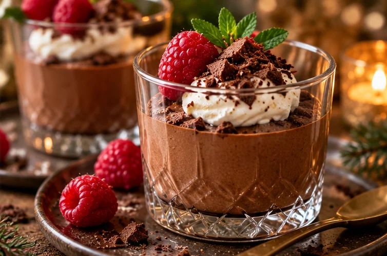Chocolade-koffiemousse met frambozen op een feestelijk gedekte kersttafel