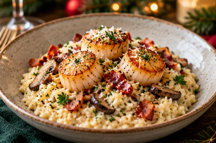 Coquilles op romige paddenstoelenrisotto op een feestelijk gedekte kersttafel