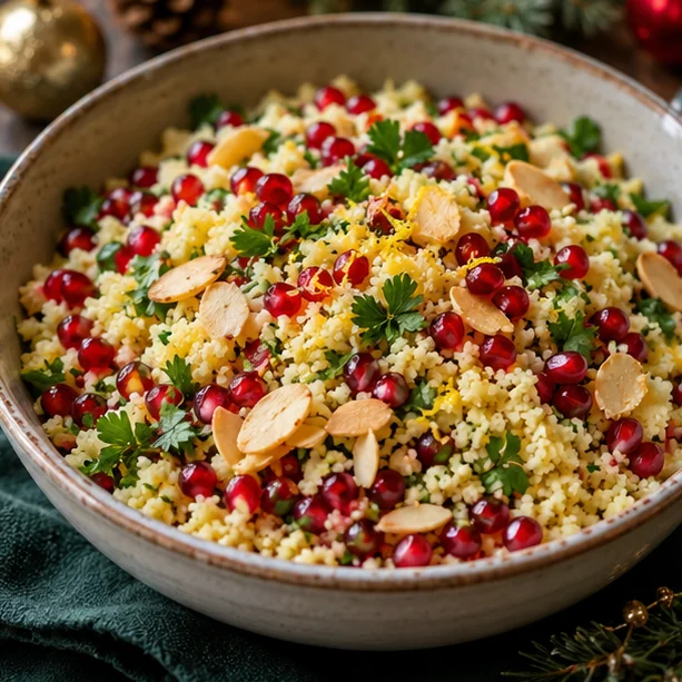 Couscous met granaatappel en amandelen feestelijk geserveerd
