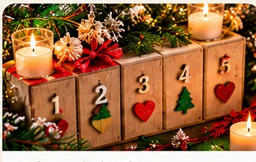 Adventkalender met genummerde kerstzakjes en kleine cadeautjes
