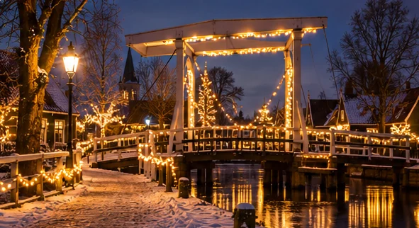 Sfeerillustratie van een bruggetje versierd met kerstlampjes