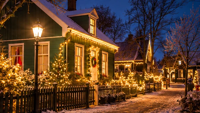 Sfeerillustratie van een woonhuis met warme kerstverlichting