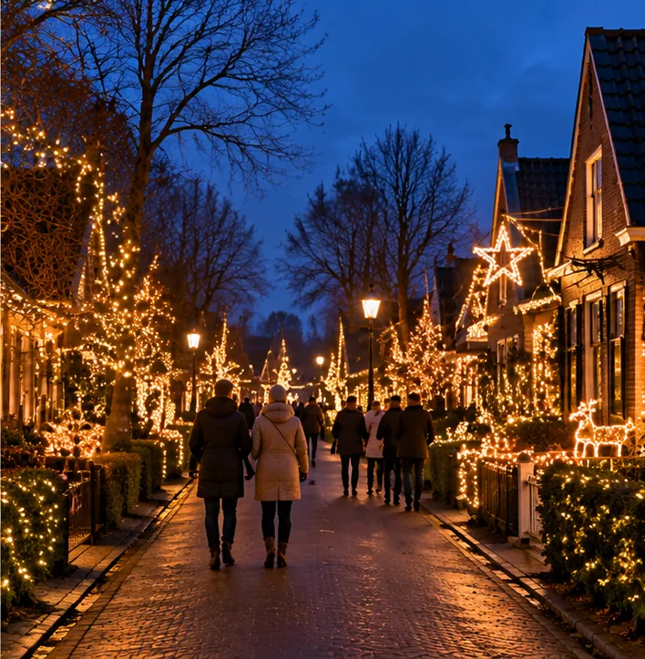 Digitale sfeerillustratie van een dorpsstraat vol kerstverlichting