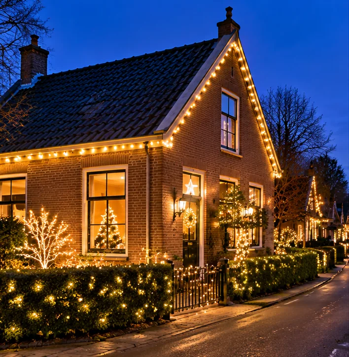 Digitale sfeerillustratie van een woning met kerstverlichting in een Nederlands dorp