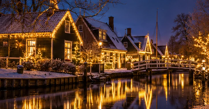 Sfeerillustratie van kerstverlichting bij huizen langs het water