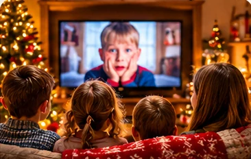 Gezellig een kerstfilm kijken met het gezin in een woonkamer