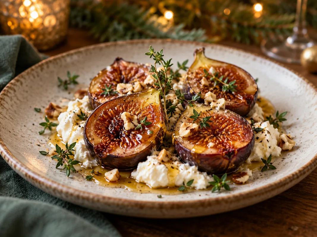 Geroosterde vijgen met ricotta en tijm, feestelijk geserveerd voor kerst