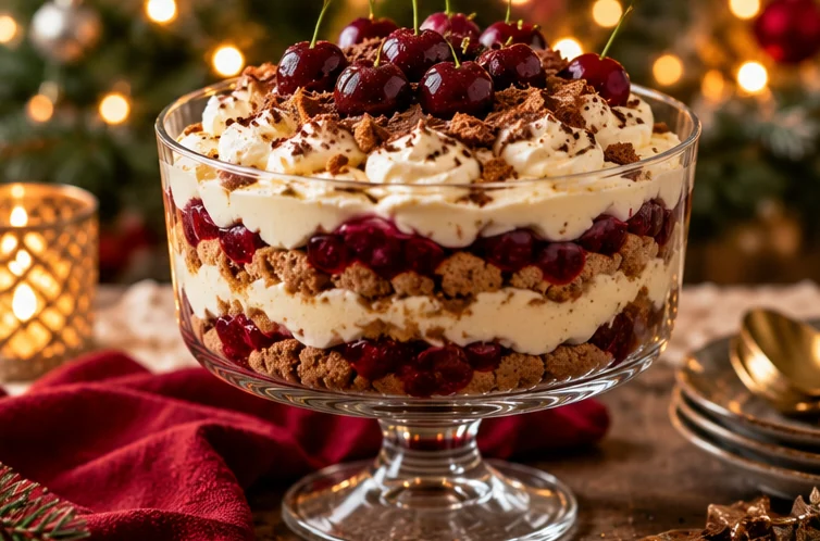 Kersentrifle met speculaas en mascarpone op een feestelijk gedekte kersttafel