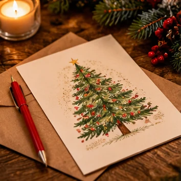 Kerstkaart met kerstgroen en pen