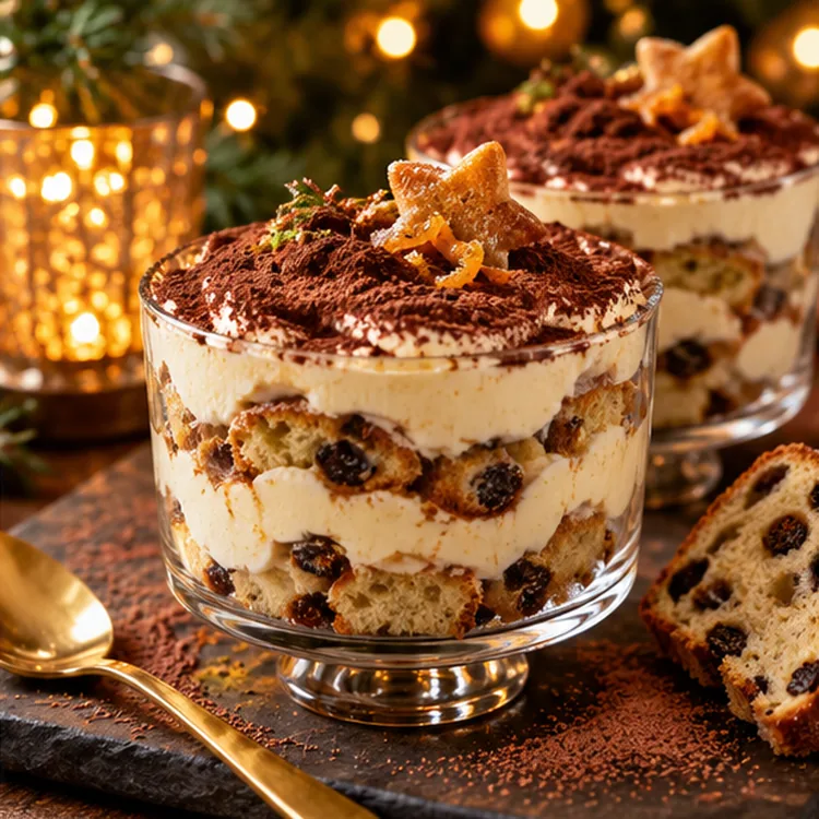 Kerststol-tiramisu in glaasjes feestelijk geserveerd