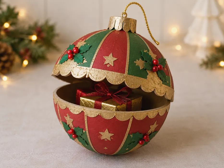 Voorbeeldresultaat van een kerstsurprise kerstbal, gemaakt van knutselmateriaal
