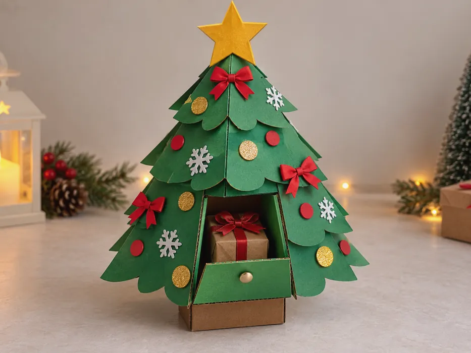 Voorbeeldresultaat van een kerstsurprise kerstboom, gemaakt van knutselmateriaal