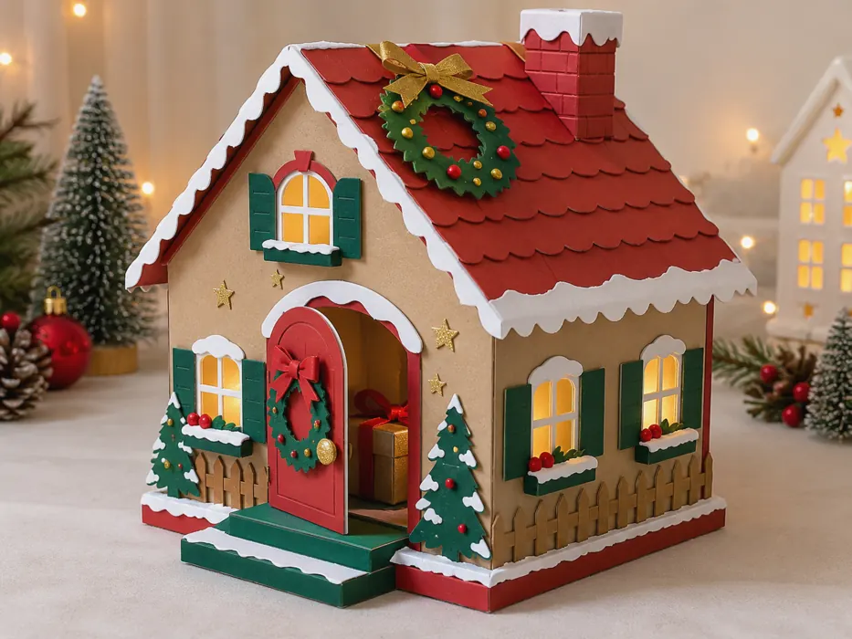 Voorbeeldresultaat van een kerstsurprise kersthuisje, gemaakt van knutselmateriaal