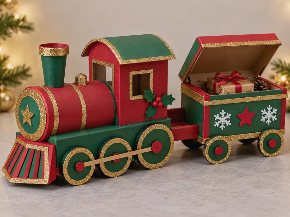 Voorbeeldresultaat van een kerstsurprise kersttrein, gemaakt van knutselmateriaal