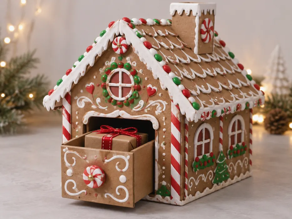 Voorbeeldresultaat van een kerstsurprise peperkoekhuis, gemaakt van knutselmateriaal
