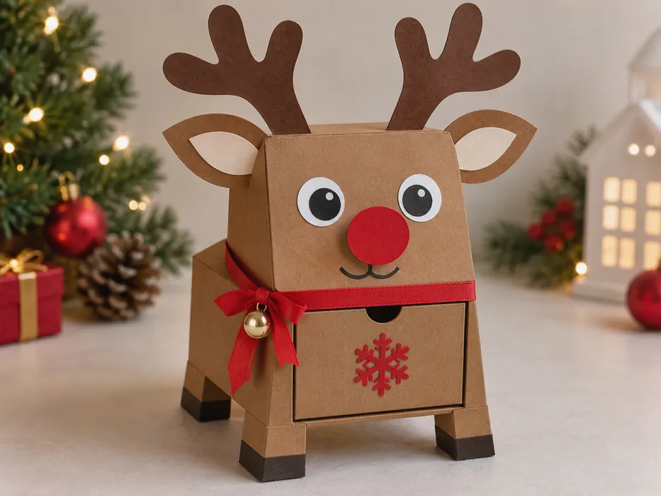 Voorbeeldresultaat van een kerstsurprise rendier, gemaakt van knutselmateriaal