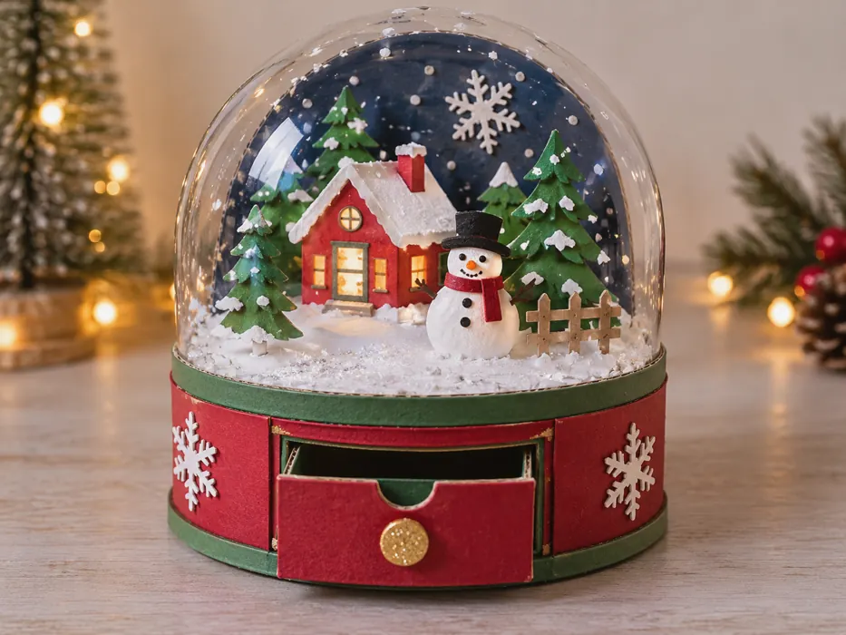 Voorbeeldresultaat van een kerstsurprise sneeuwbol, gemaakt van knutselmateriaal