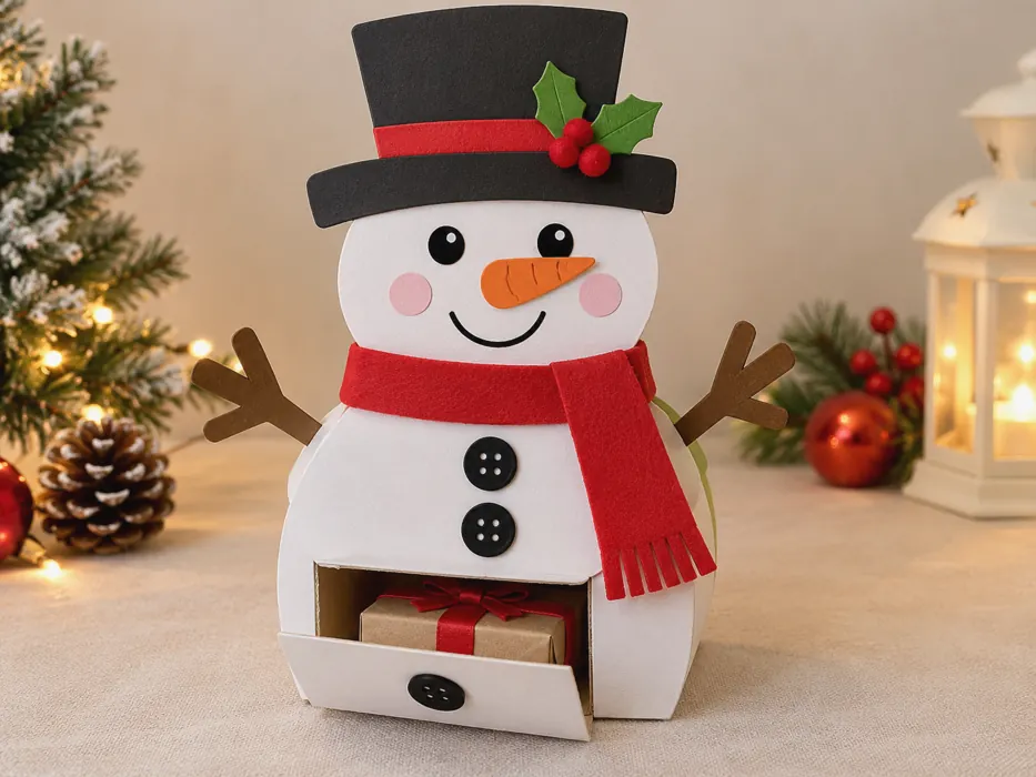Voorbeeldresultaat van een kerstsurprise sneeuwpop, gemaakt van knutselmateriaal