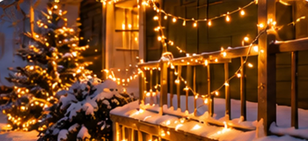 Balkon versierd met warme kerstlichtjes