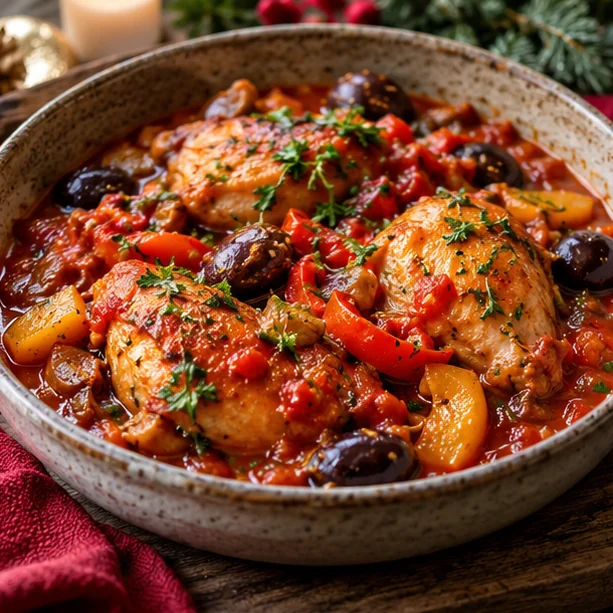 Kip cacciatore met paprika en olijven feestelijk geserveerd