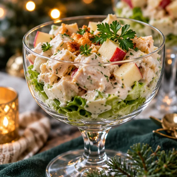 Kipcocktail met appel en frisse yoghurtdressing feestelijk geserveerd