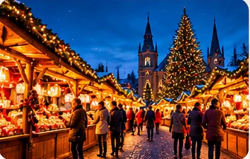 Sfeervolle kerstmarkt in een Europese stad met verlichte houten kraampjes