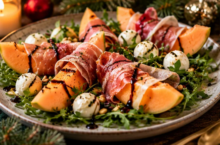 Meloensalade met parmaham en mozzarella op een feestelijk gedekte kersttafel