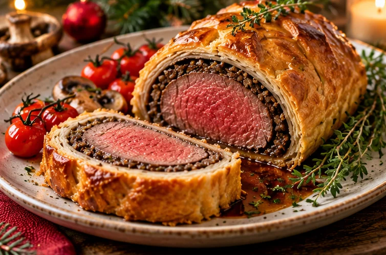 Mini-wellingtons met rundvlees en champignons op een feestelijk gedekte kersttafel