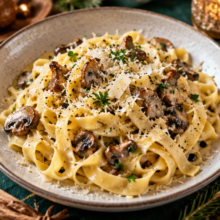 Pasta met truffelroomsaus en paddenstoelen feestelijk geserveerd