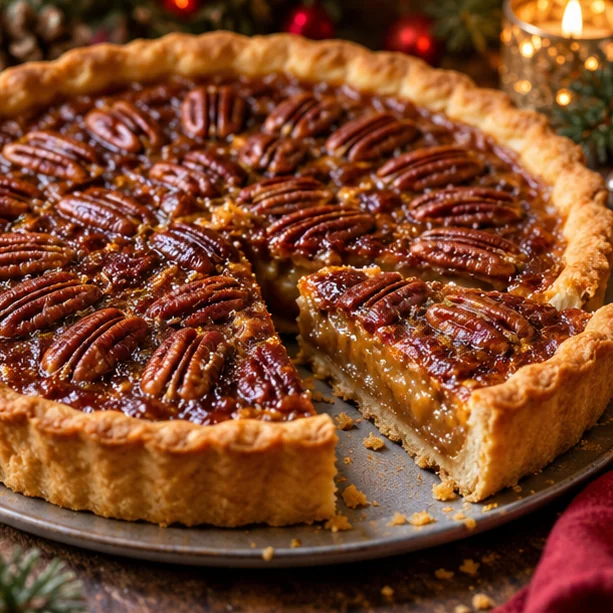 Pecantaart met karamel voor kerst feestelijk geserveerd
