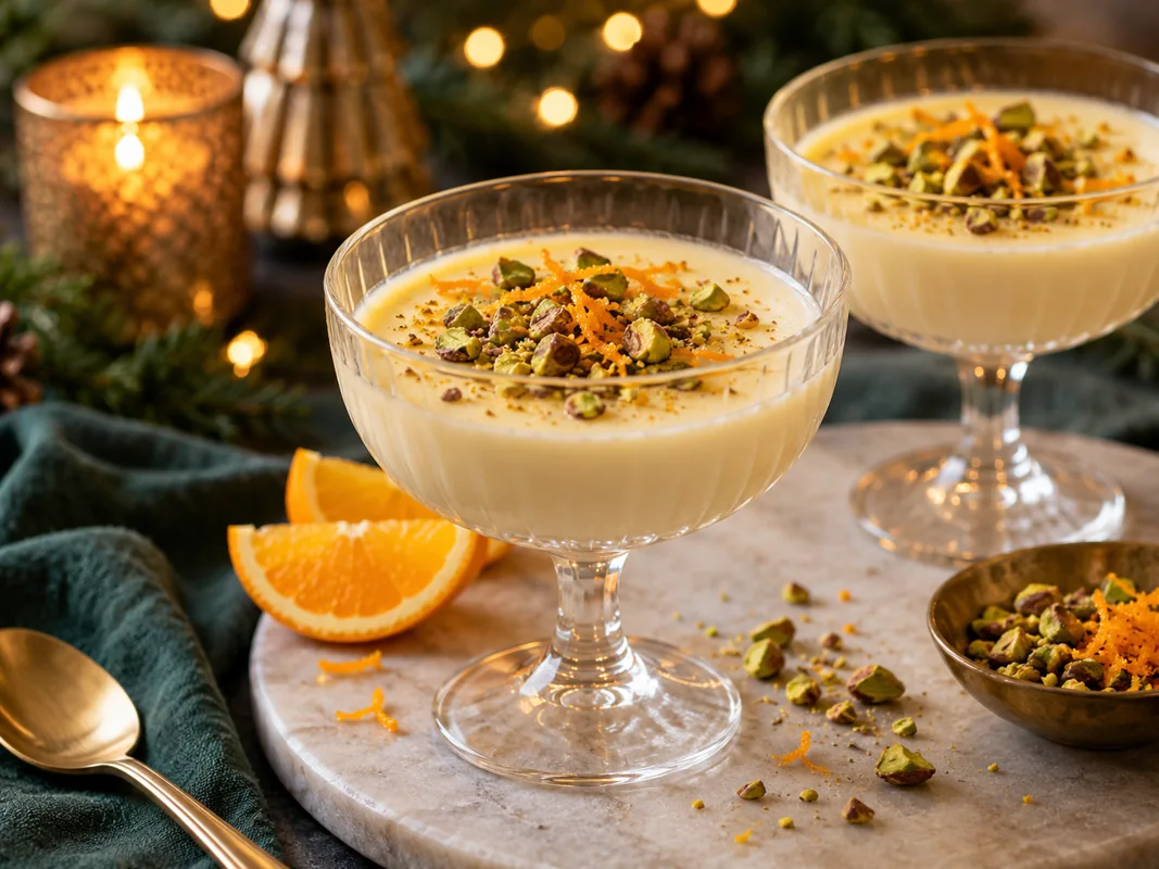 Sinaasappelposset met pistache, feestelijk geserveerd voor kerst