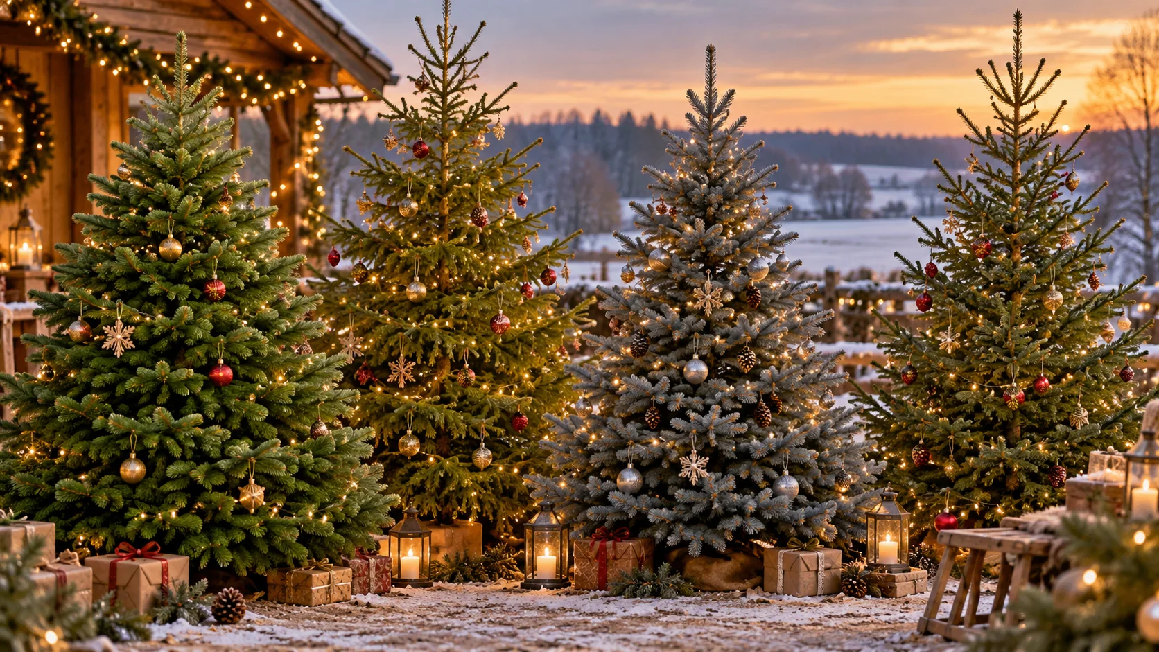 Vier verschillende soorten kerstbomen in een winterse setting