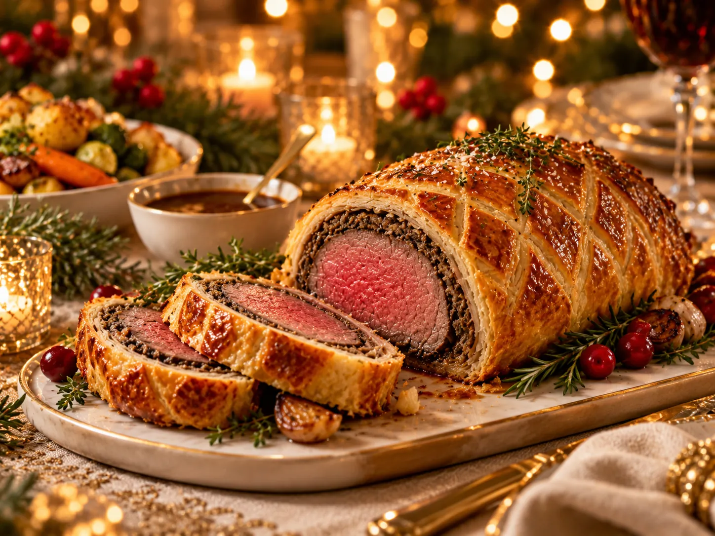 Beef Wellington met paddenstoelen op een feestelijke kersttafel