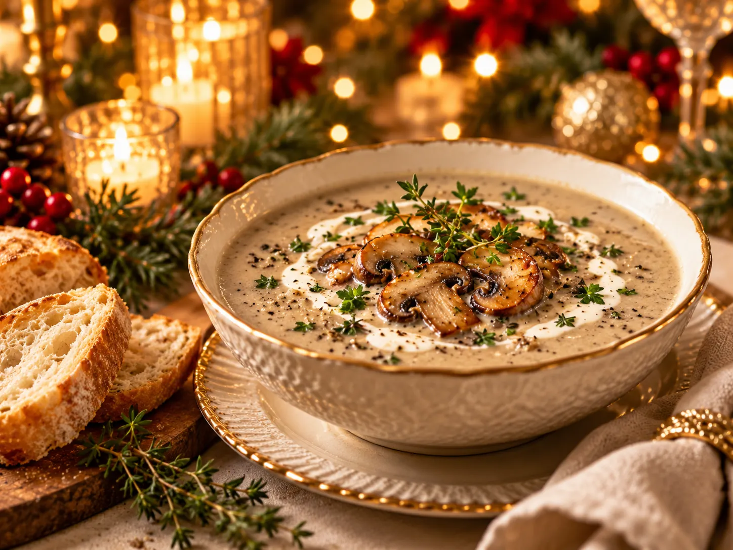 Champignonsoep met tijm en room op een feestelijke kersttafel
