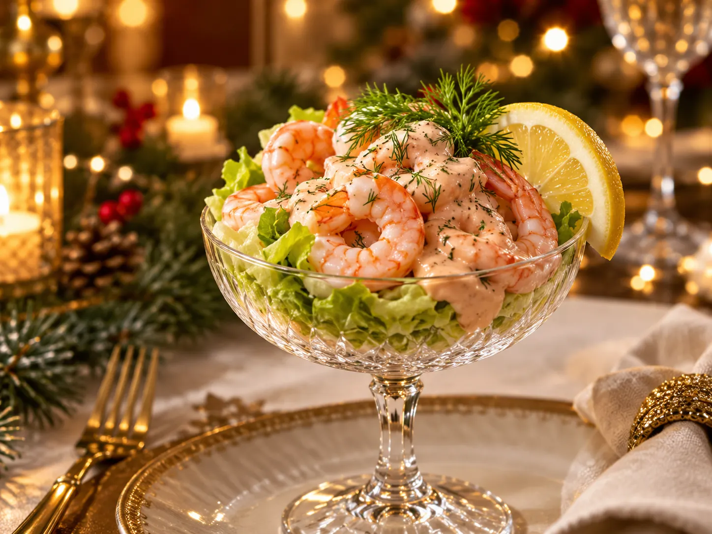 Garnalencocktail met citroen en dille op een feestelijke kersttafel