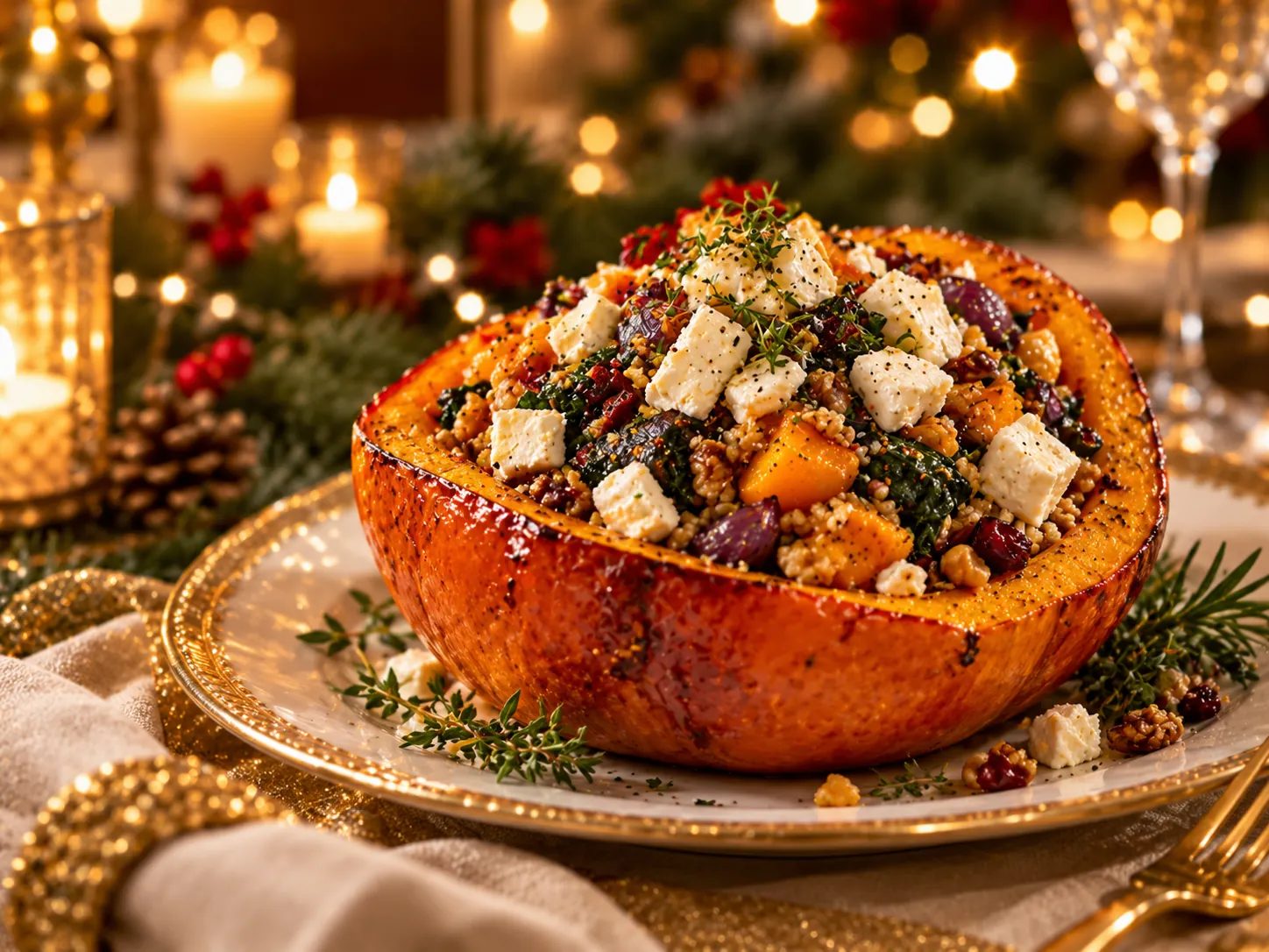 Gevulde pompoen met feta en quinoa op een feestelijke kersttafel
