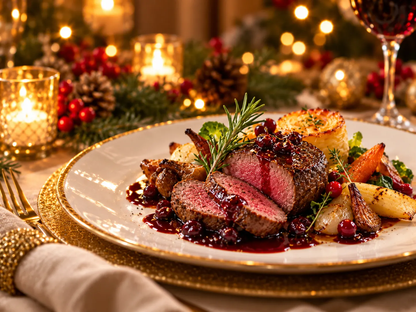 Hertenbiefstuk met rodewijnsaus en sjalotten op een feestelijke kersttafel