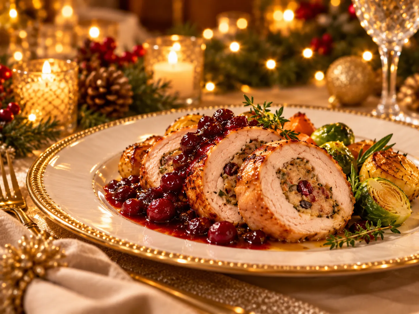 Kiprollade met cranberrysaus op een feestelijke kersttafel