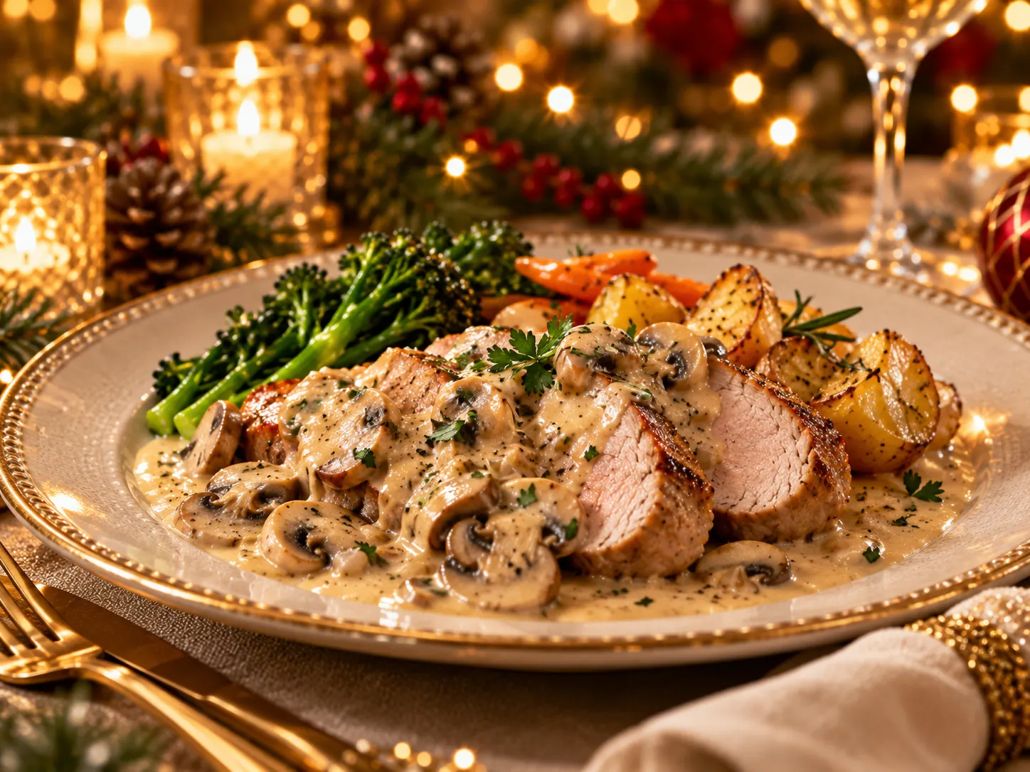 Varkenshaas met champignonroomsaus op een feestelijke kersttafel
