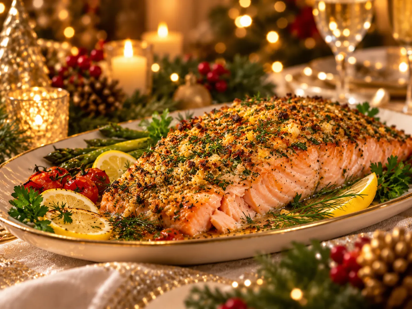 Zalmfilet met kruidenkorst uit de oven op een feestelijke kersttafel