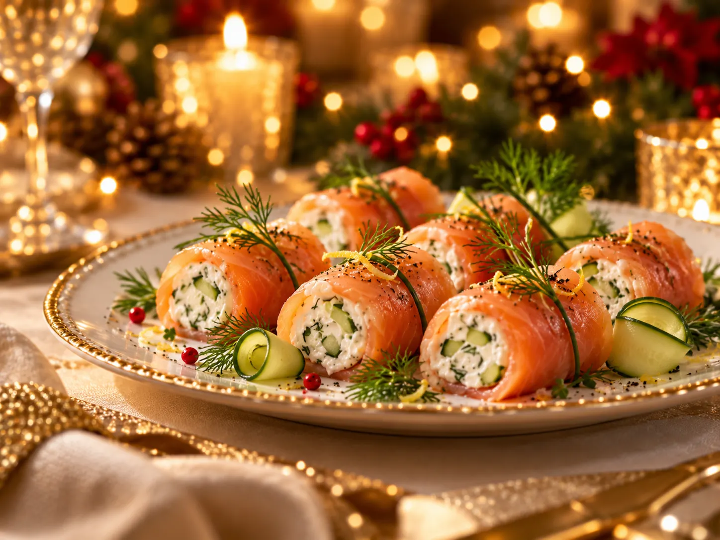 Gerookte zalmrolletjes met roomkaas en komkommer op een feestelijke kersttafel