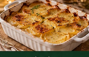 Aardappelgratin met knoflook en tijm geserveerd op een feestelijke kersttafel
