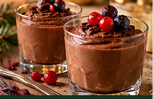 Chocolademousse van pure chocolade geserveerd op een feestelijke kersttafel