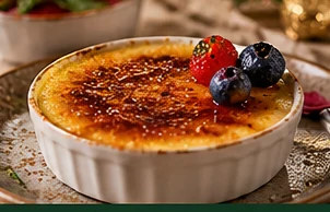 Crème brûlée met vanille geserveerd op een feestelijke kersttafel