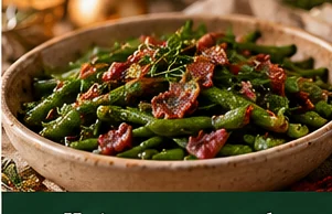 Haricots verts met spek geserveerd op een feestelijke kersttafel