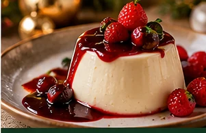 Panna cotta met witte chocolade en framboos geserveerd op een feestelijke kersttafel