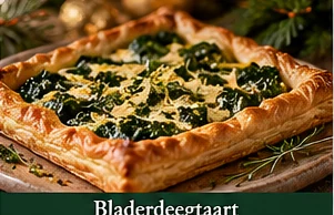 Bladerdeegtaart met spinazie en brie geserveerd op een feestelijke kersttafel