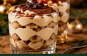 Tiramisu met speculaas en sinaasappel geserveerd op een feestelijke kersttafel